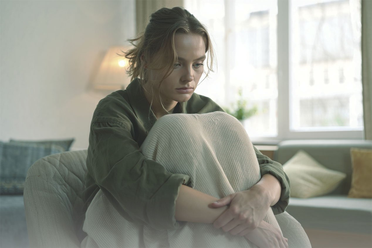 Девушка с уставшим видом сидит на диване